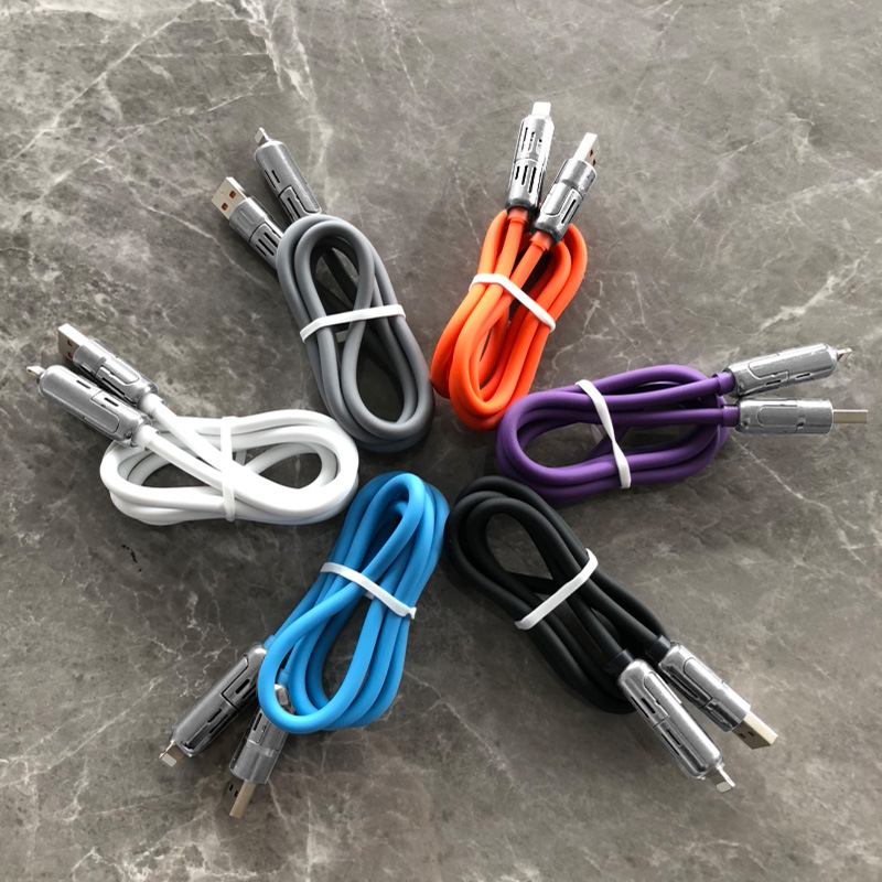 New type of light column four-in-one data cable 65W+12W seven-color atmosphere breathing lamp two-drag two-zinc alloy silicone wire