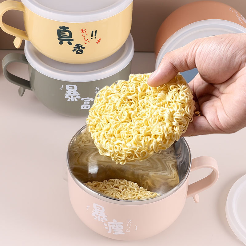 304 stainless steel instant noodle bowl, student dormitory lunch box, heat-insulating, water-draining, with lid, ins Japanese-style rice bowl instant noodle wonder Specification image