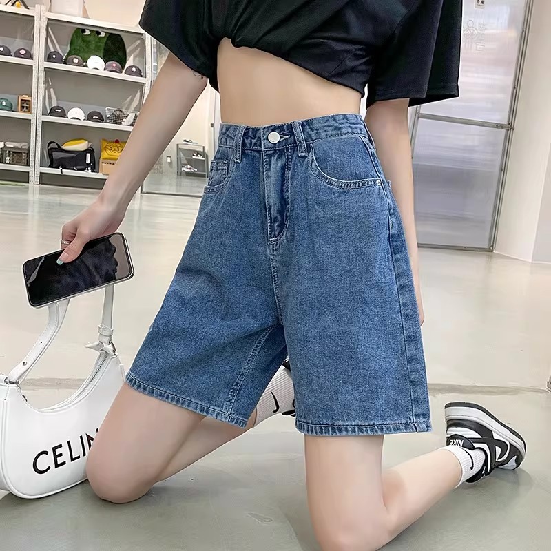Pantalones cortos de vaquero de cintura alta mujer 2026 nuevo verano simple commuter viento corte recto pantalones de cinco cortes sueltos slim pantalones de pierna ancha