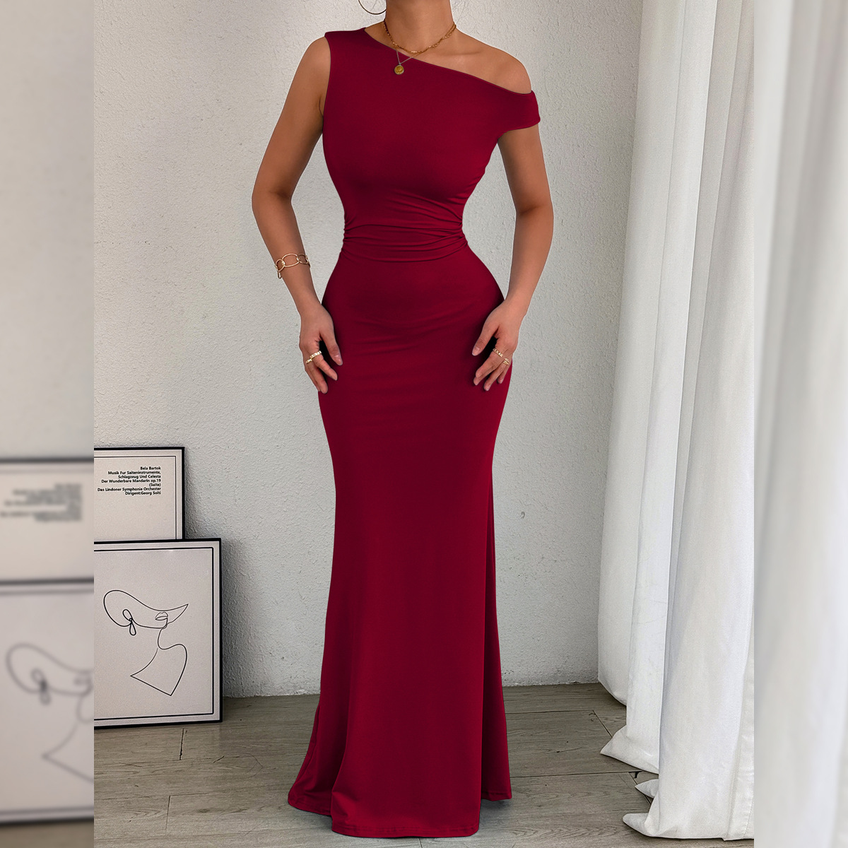 2026 Cross-border women's fish tail dress from Europe and America, Amazon bestseller, off-the-shoulder collar, waist pleated sleeveless sexy dress details Picture