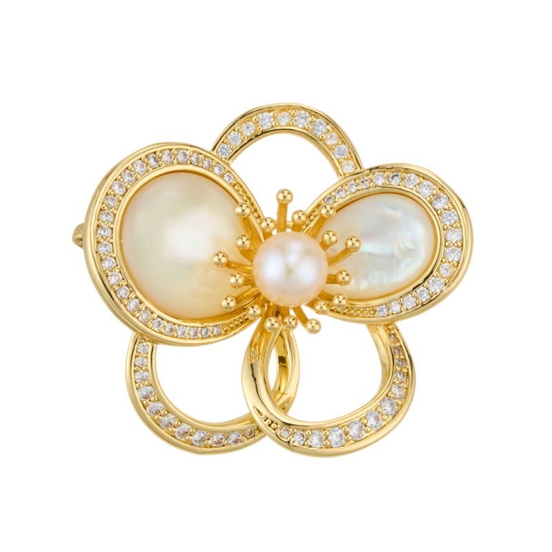 Source factory's light luxury mother-of-pearl flower brooch, copper alloy, real gold electroplated, freshwater pearl inlaid with zirconium exquisite brooch Item Picture