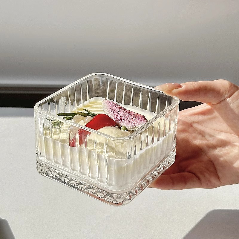 ins复古条纹冰淇淋碗四方方形玻璃碗甜品水果麦片早餐碗小沙拉碗