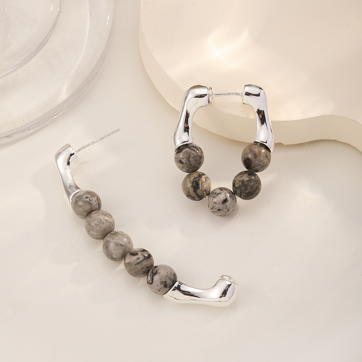 娜莎跨境专供地图石圆珠两带耳环不掉色耳饰设计感小众流苏耳饰细节图