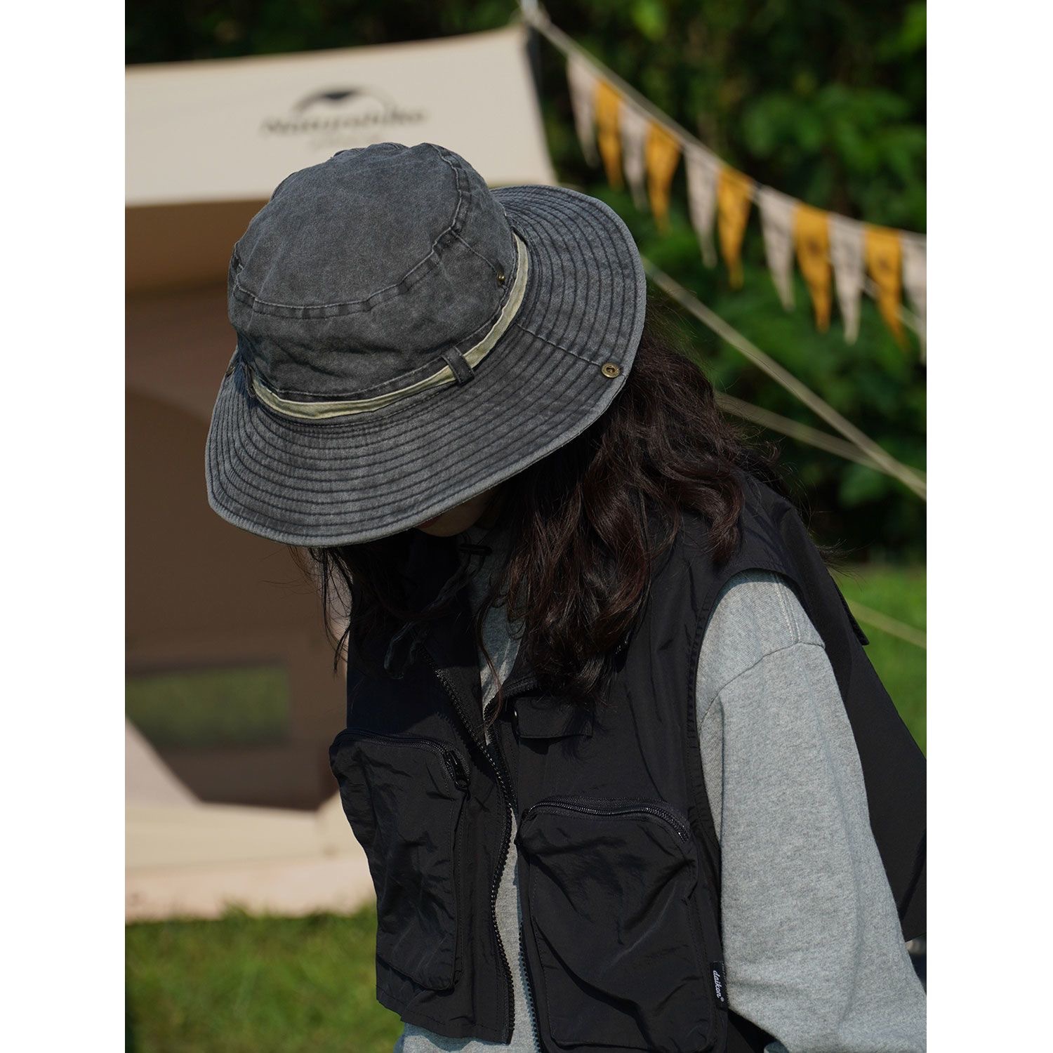 Western cowboy hat, versatile travel sun protection hat, large brim drawstring hiking hat, retro washed fisherman hat