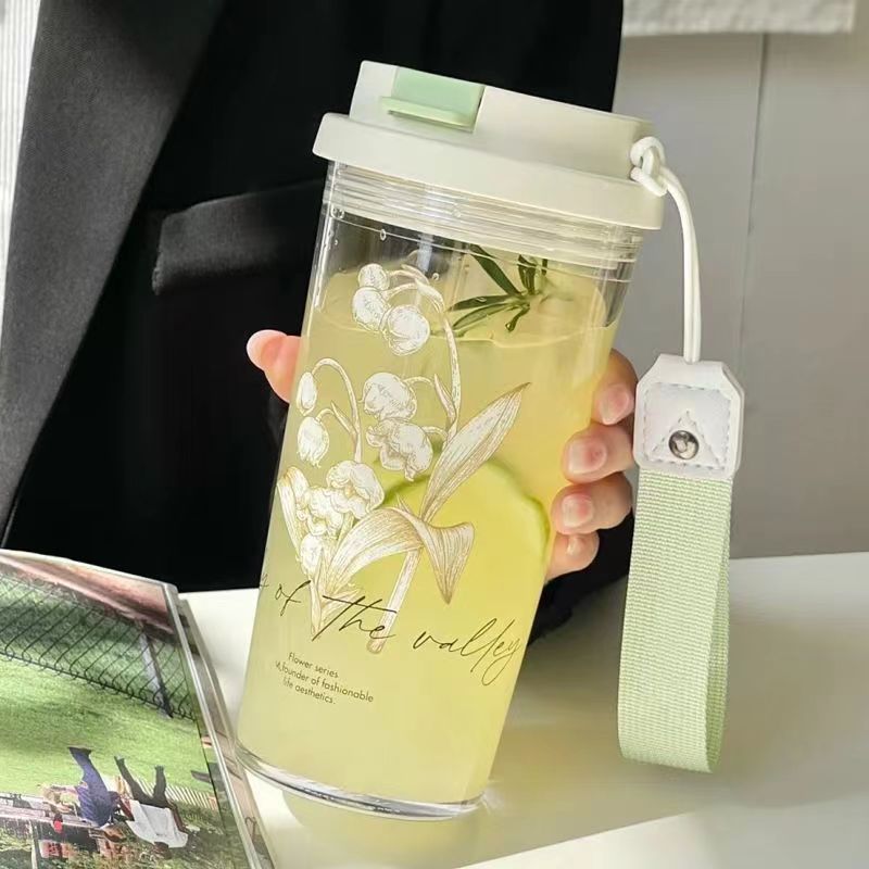 The new Lily of the bell water cup is a high-appearation-level plastic cup with a handle, a large-capacity, high-temperature resistant three-drinking straw cup for home use details Picture