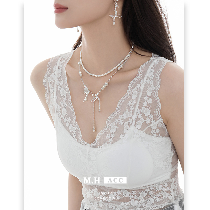 New Chinese-style double-layer cascading pendant feather chain pearl necklace for women, fashionable, exquisite, versatile and high-end collarbone chain wholesale details Picture