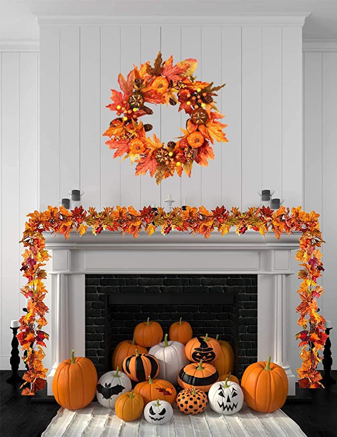 厂家定制秋季南瓜枫叶花环感恩节万圣节门饰花环藤条藤圈家居装饰产品图