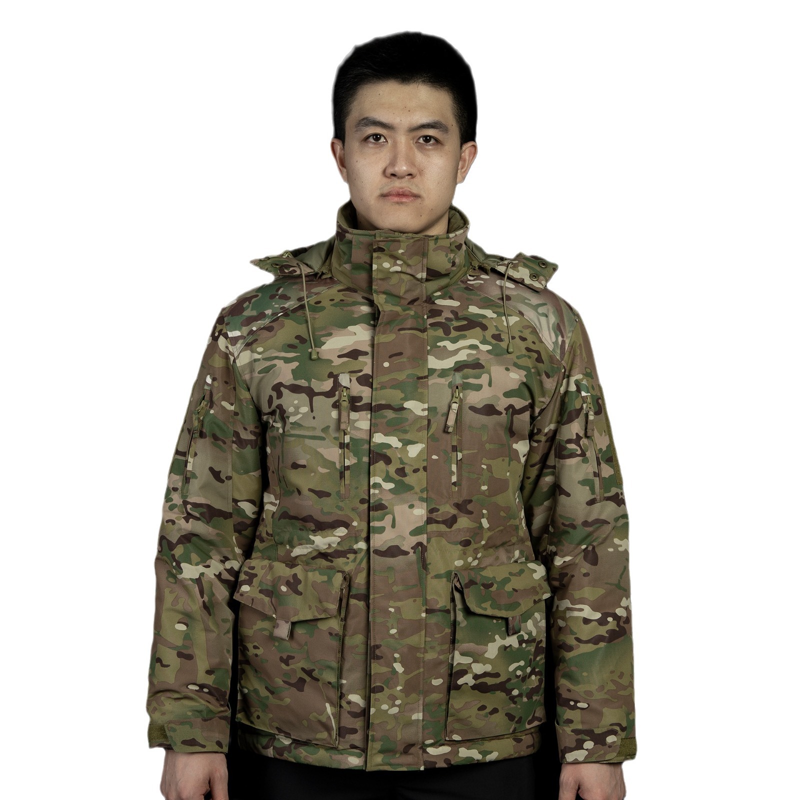 冬季中长款F4.0重型棉服防泼水防寒保暖迷彩连帽棉衣批发白底实物图