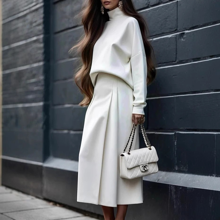 2025 European and American women's clothing Amazon solid-color long-sleeved high-neck top hoodie + long skirt elastic waist-cinching skirt full figure