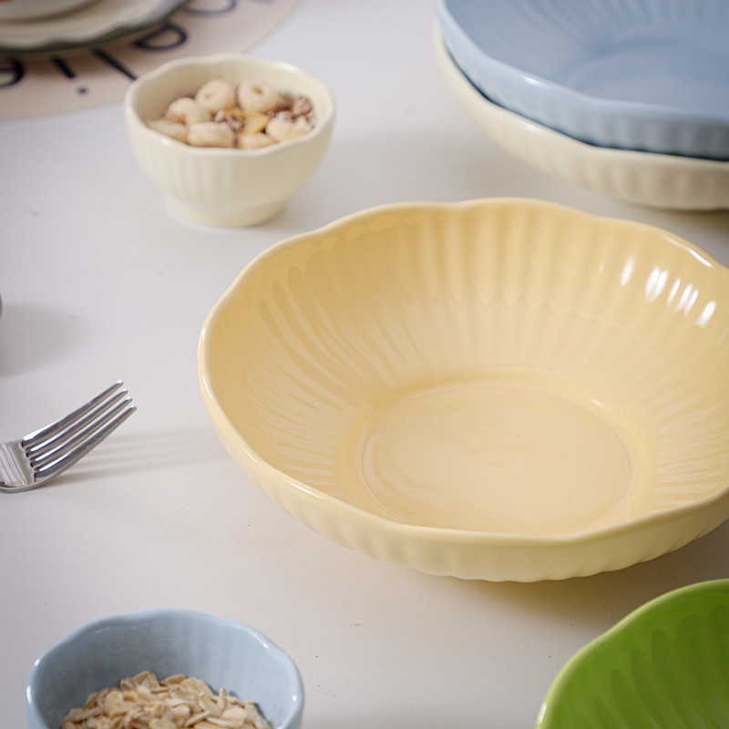 Dopamine lace ceramic underglaze high appearance level breakfast dish tableware, salad bowl, wavy striped candy ceramic plate