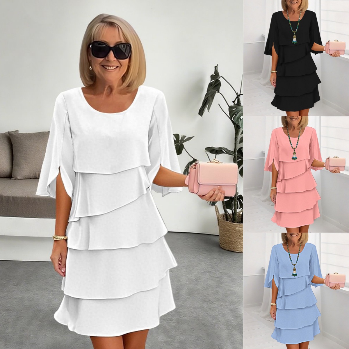 2026 Amazon AliExpress New Spring/Summer Fashion Solid color round neck cake dress patchwork dress for women full figure