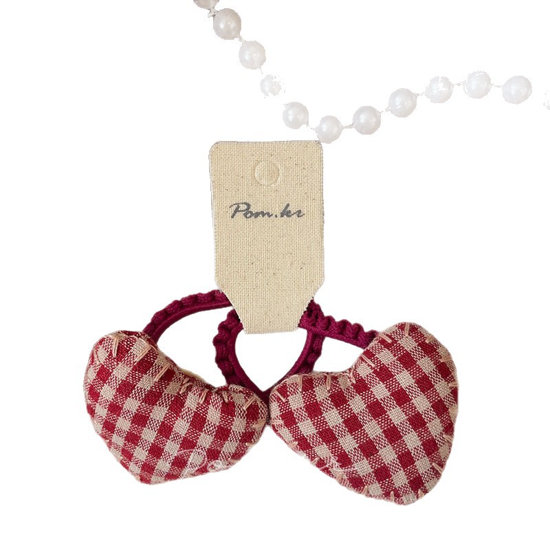 New Korean autumn and winter retro checkered heart-shaped hair band, soft and cute double heart-shaped headband, Korean girlish style hair tie Item Picture