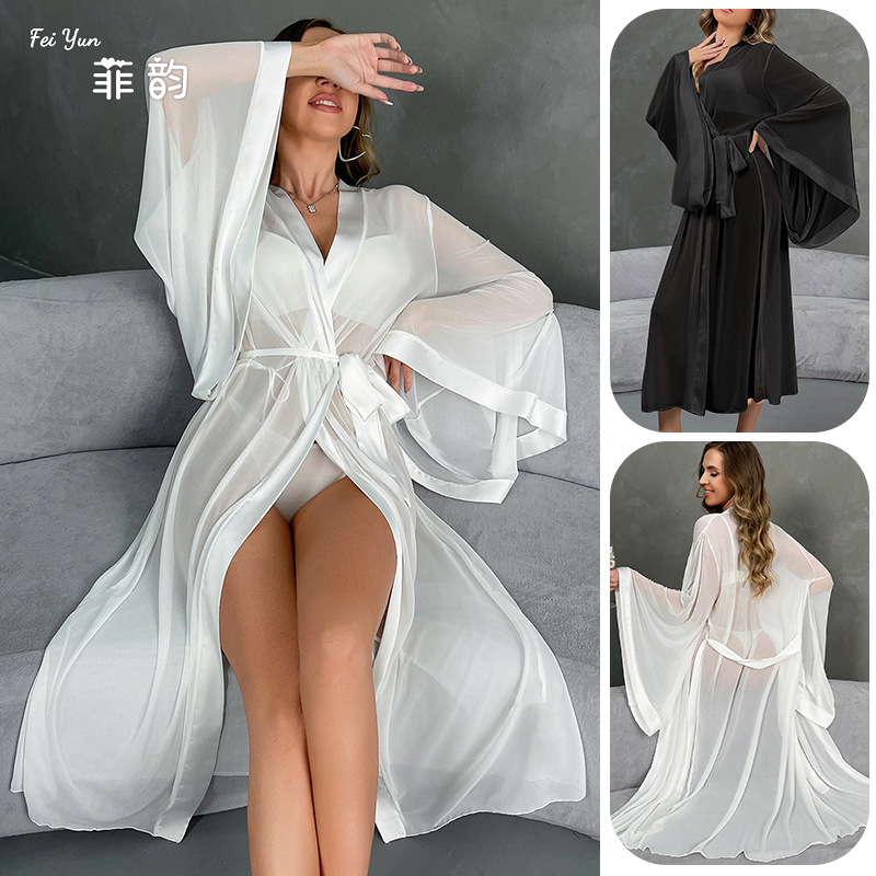 European and American cross-border lace-up cardigan bathrobe, sexy mesh fabric seductive morning gown, pure desire bathrobe, home wear wholesale 816