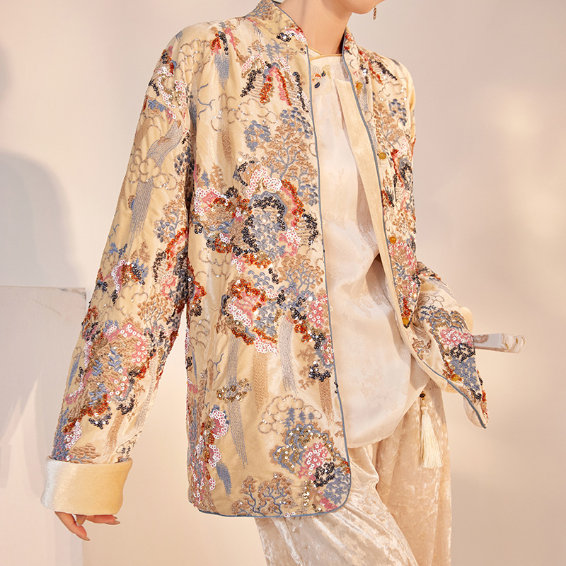 New Chinese-style top for women in the autumn and winter of 2025, featuring a heavy sequined embroidery design on cotton-padded jackets Application Scenario