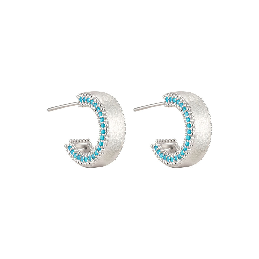 Niche cold wind silver semi-circular earrings, copper alloy brushed with blue turquoise s925 silver needle, high-end women's earrings Item Picture