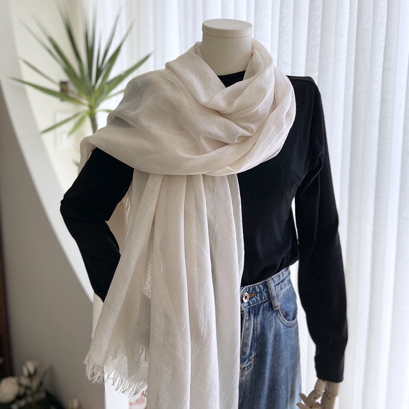 One-piece cotton and linen solid-color scarves, women's summer sun protection medium and long scarves, Japanese and Korean artistic beach long scarves, travel scarves, large shawls, wholesale from street stalls details Picture