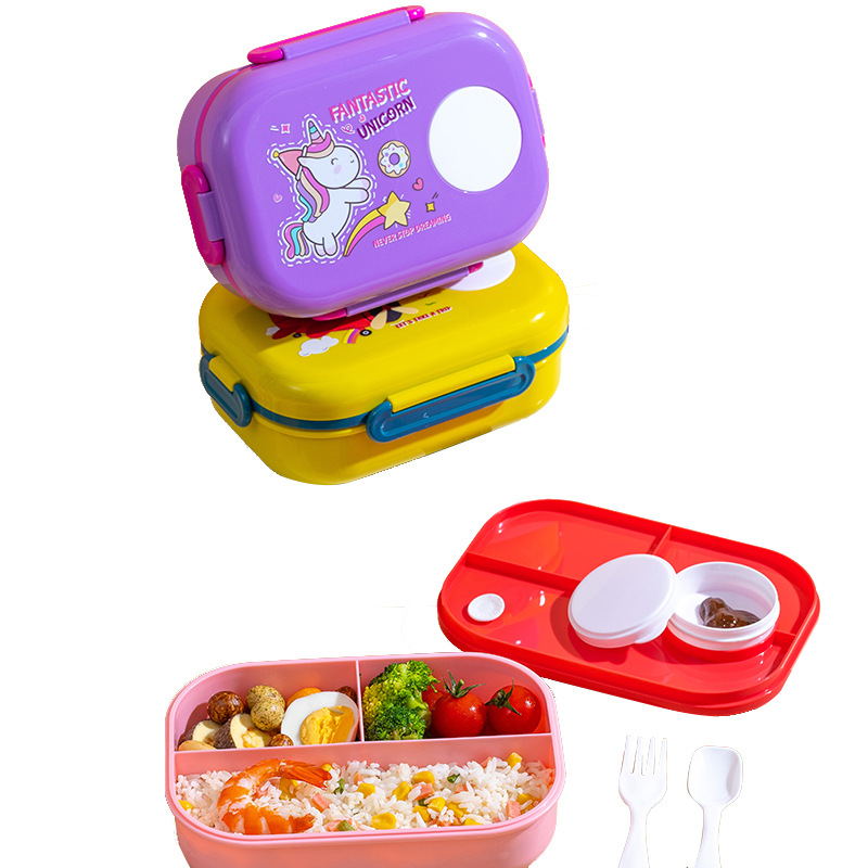 万福热卖饭盒可进微波炉便当盒儿童卡通独角兽小学生大容量分格餐白底实物图