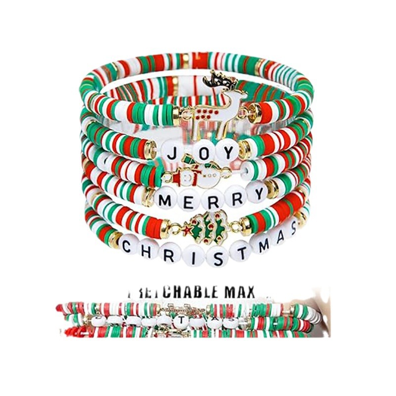 Amazon's best-selling 2024 Christmas 6-piece cute reindeer soft clay bracelet set for ladies' party gifts Item Picture