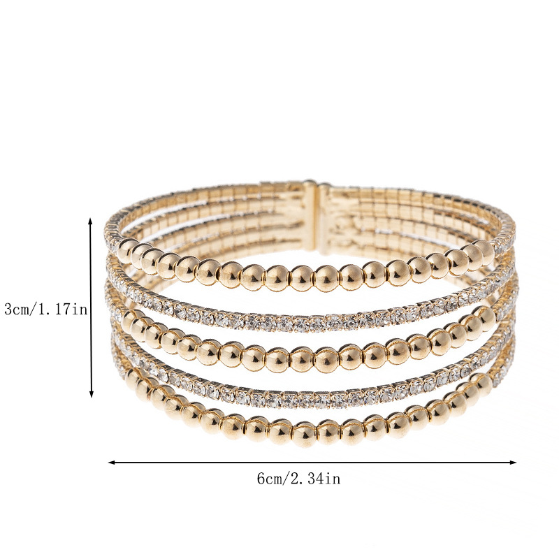 Cross-border fashion design sense copper bead 5-row rhinestone exaggerated bracelet, exquisite and creative new elastic opening jewelry Specification drawing