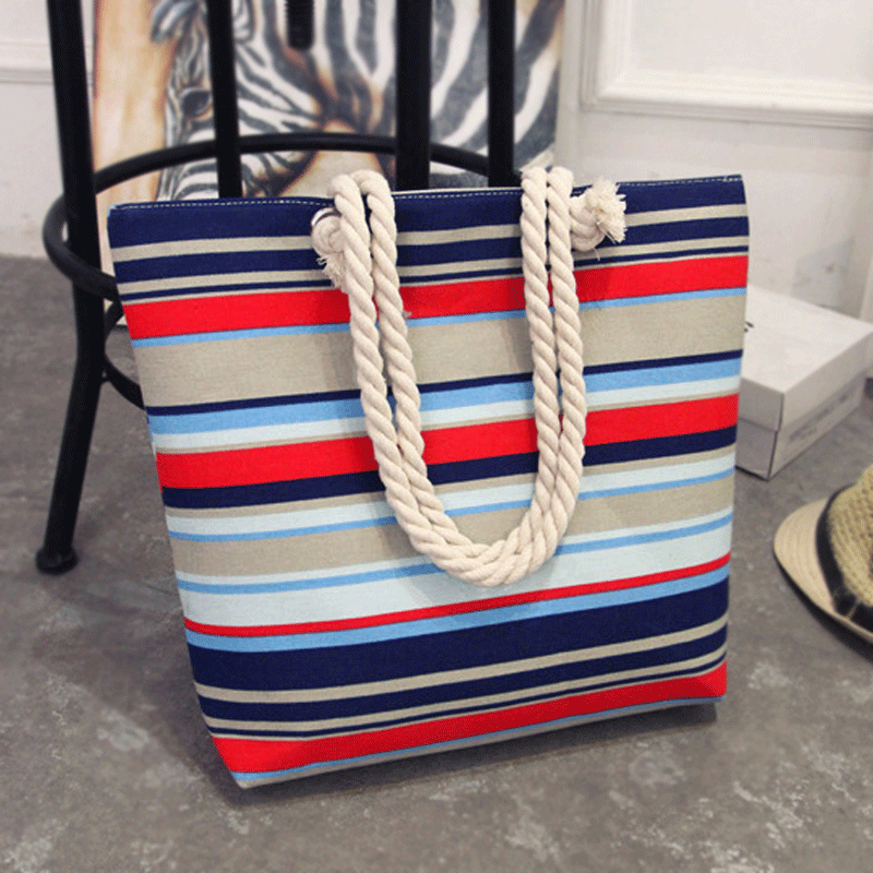 Bolsa de lona transfronteriza de un hombro bolso de mano simple y versátil bolsa de playa de gran capacidad de un hombro moda commuter bolsa de mujer bolsa de rayas simple y versátil bolsa de mano bolsa de lona Specification image