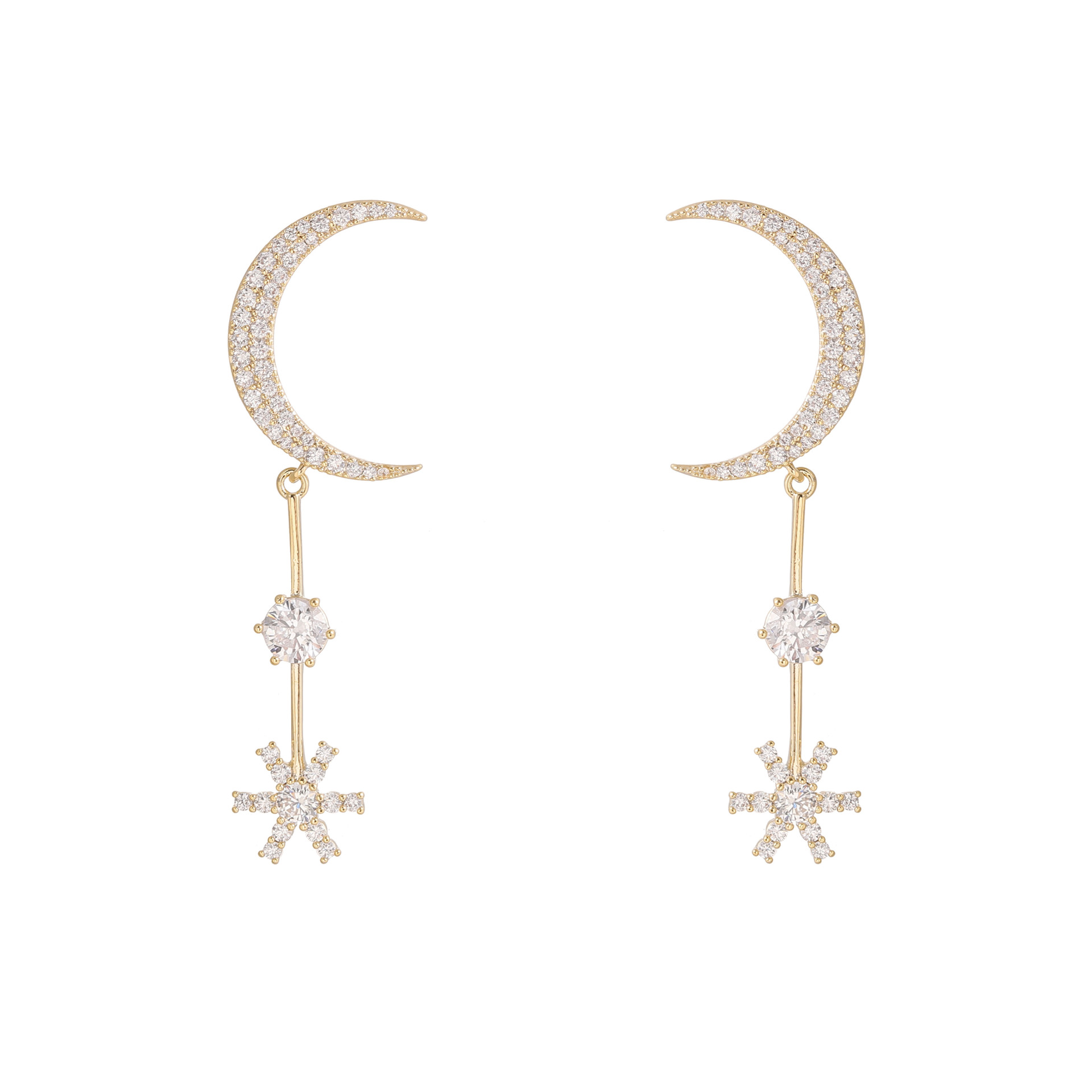 "Flowing Zircon earrings, Instagram influencer style Moon and Star earrings, S925 silver needle 14K gold high-quality earrings wholesale. Item Picture