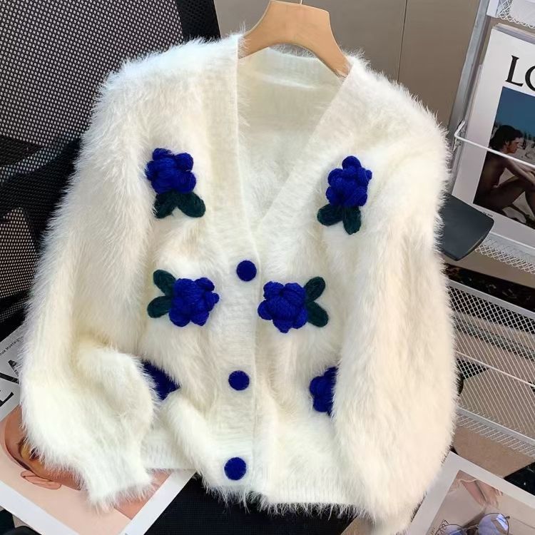 A new autumn loose and thick long-sleeved knitted sweater in solid color for women, featuring a little chanel-style rose sweater cardigan details Picture