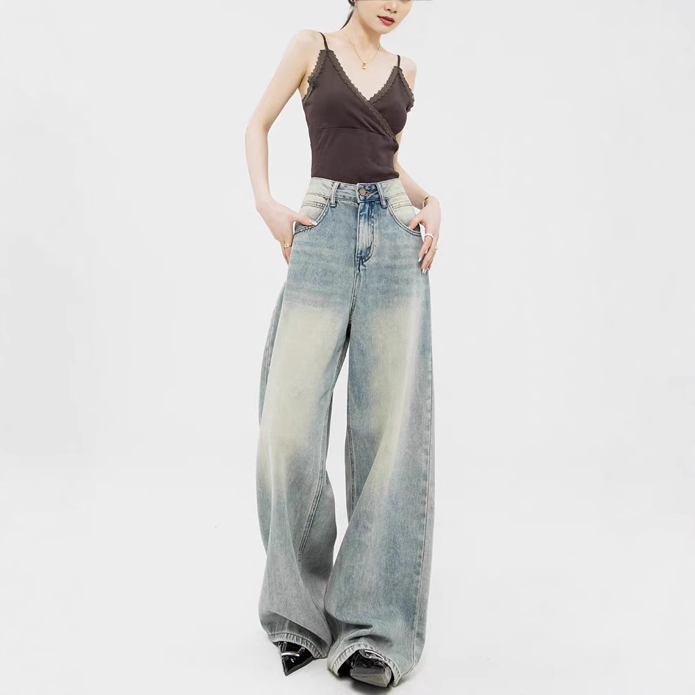 Custom-made retro light-colored straight-leg jeans with a high-waisted, loose design, floor-length wide-leg pants, suitable for all seasons Specification image