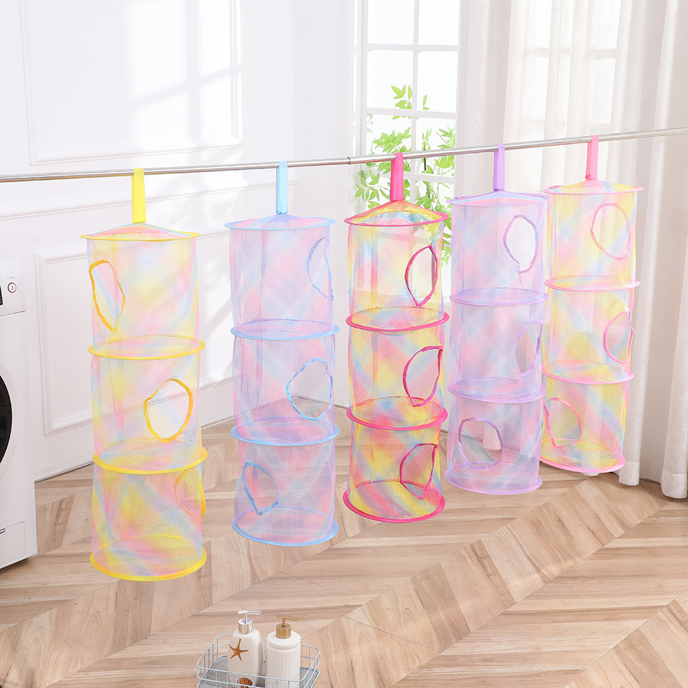 新款彩虹色三层透气挂袋百搭网布晾晒吊笼折叠收纳篮便携晒衣篮