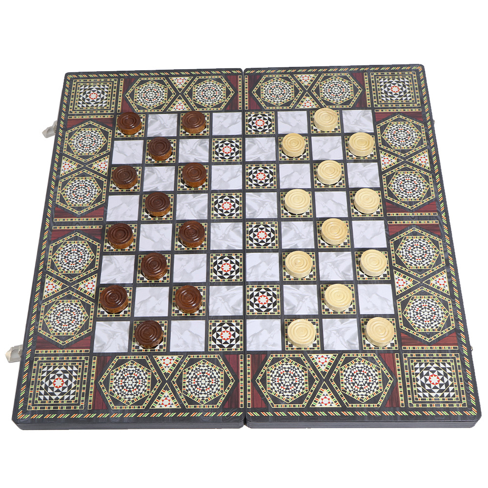 Wholesale of international chess casual entertainment chessboard with dark wooden patterns, three-in-one, high-end feel, portable folding, and for export Specification image