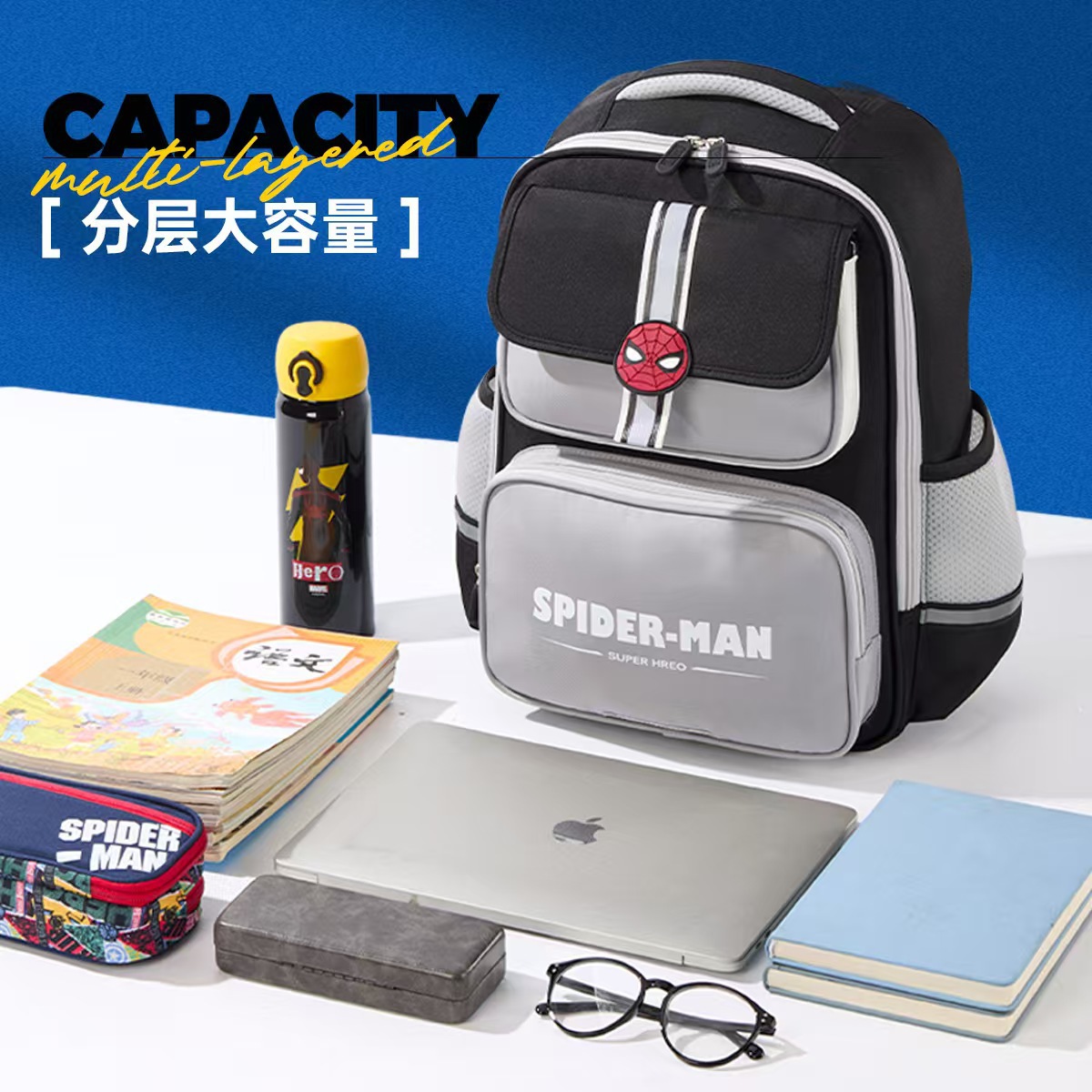 A simple and large-capacity Spider-Man backpack for primary school students in grades 1-3, reducing burden and protecting the spine