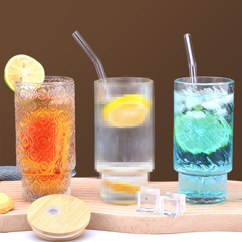 Cross-border Amazon water cup, creative and simple vertical pattern stacked cup, high appearance level, juice drink straw, double-drinking glass cup Application Scenario