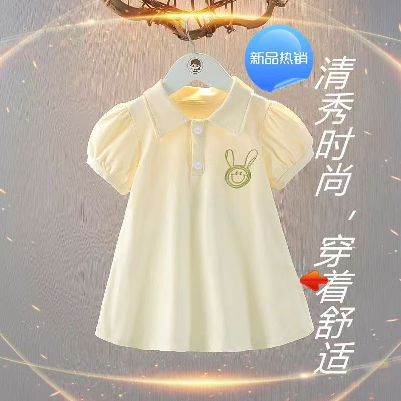 女童夏季连衣裙洋气公主裙轻薄纯色polo裙女宝袖裙子外贸童装批发