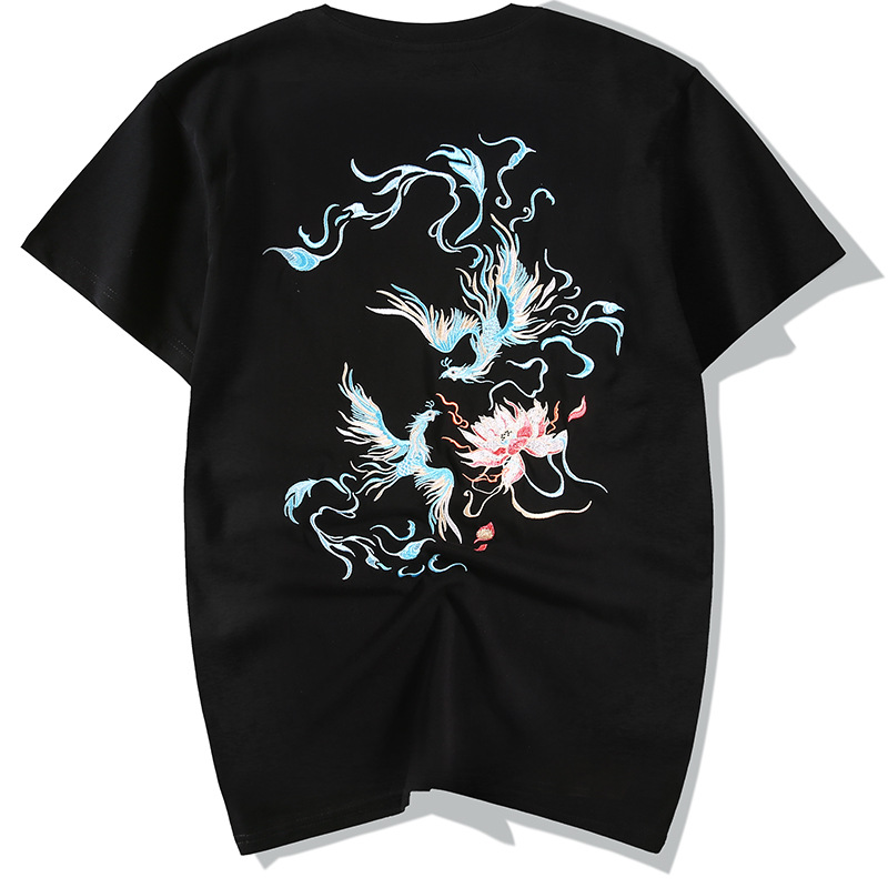Chinese trend short-sleeved T-shirt for men in summer, loose and large-sized, with phoenix pattern embroidered half-sleeve, moisture-wicking and sweat-wicking Item Picture