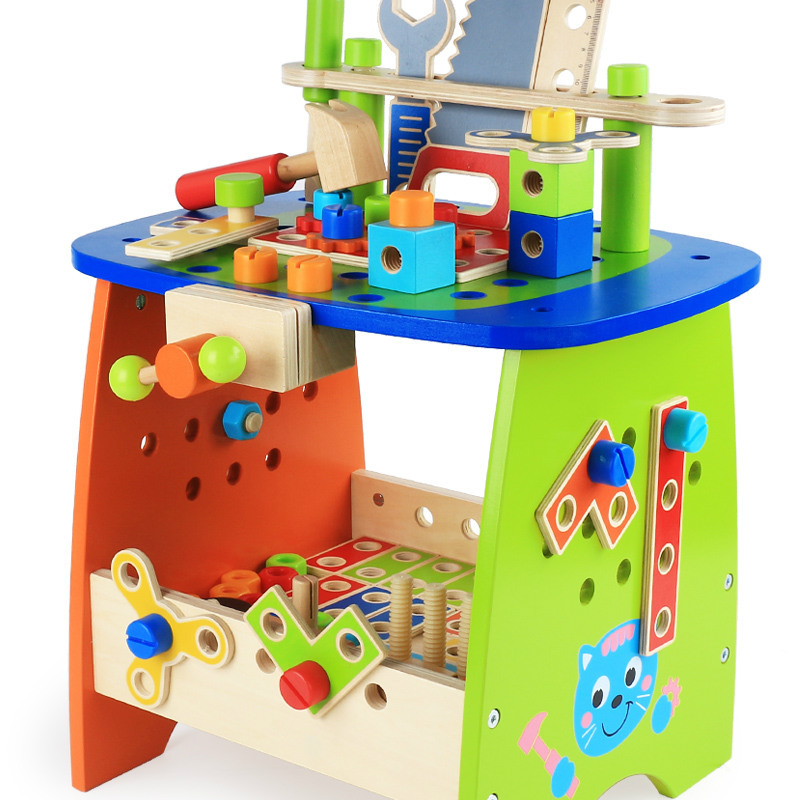 Children's wooden diy disassembly and assembly tool bench, simulation toy screw and nut combination assembly and repair tool stool details Picture