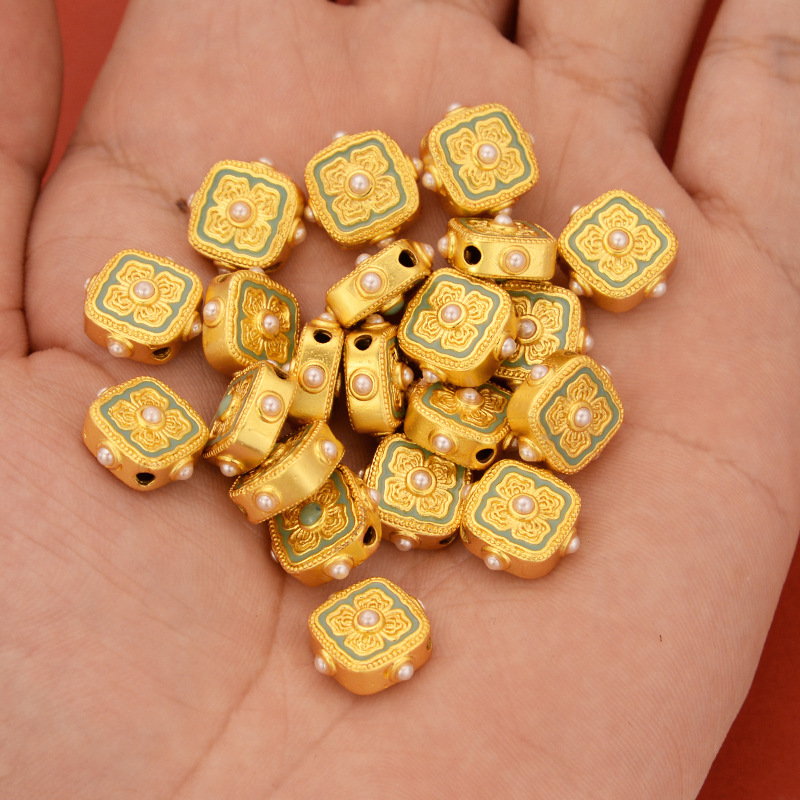 强保色沙金配件diy饰品古法金珐琅宋韵四合如意隔珠手链手绳配珠