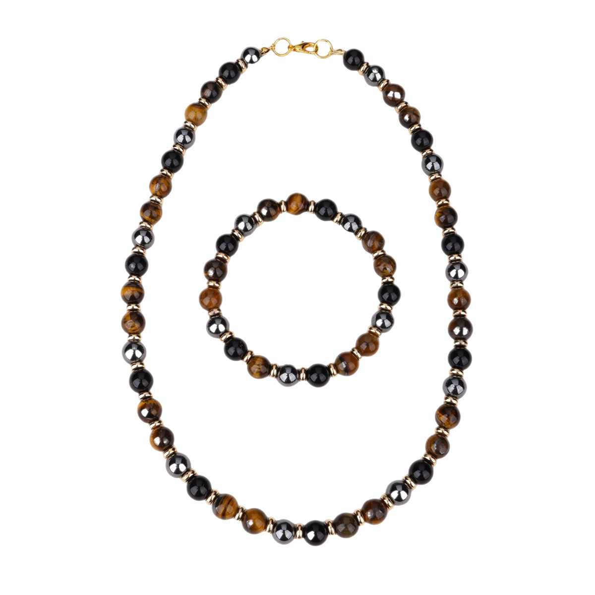 Retro light luxury tiger's eye stone agate necklace and bracelet, Melade-style natural stone spliced commuting all-purpose jewelry set Item Picture