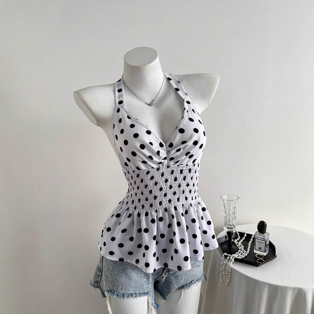 This summer cross-border new product from Europe and America features a trendy design with pleated polka dot prints, necklaces, sleeveless tops, and a stylish, hot girl look details Picture