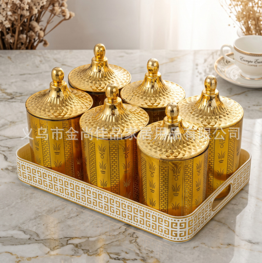Storage jar Best-selling European-style gilded round sealed jar household storage jar with tray storage jar set details Picture