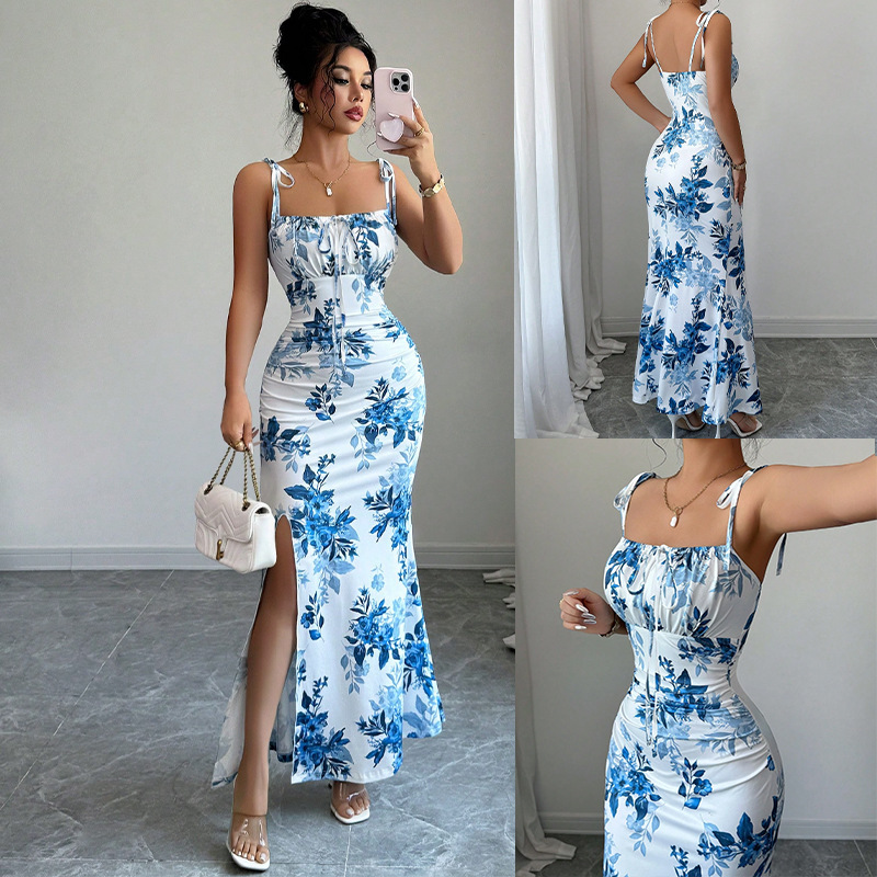 Wholesale of cross-border Amazon European and American women's clothing halter floral figure-hugging slit dresses for foreign trade import and export factories full figure