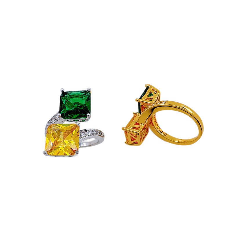 柏伶饰品新款女式节约戒指时尚祖母绿轻奢指戒小众双拼色开口戒指白底实物图