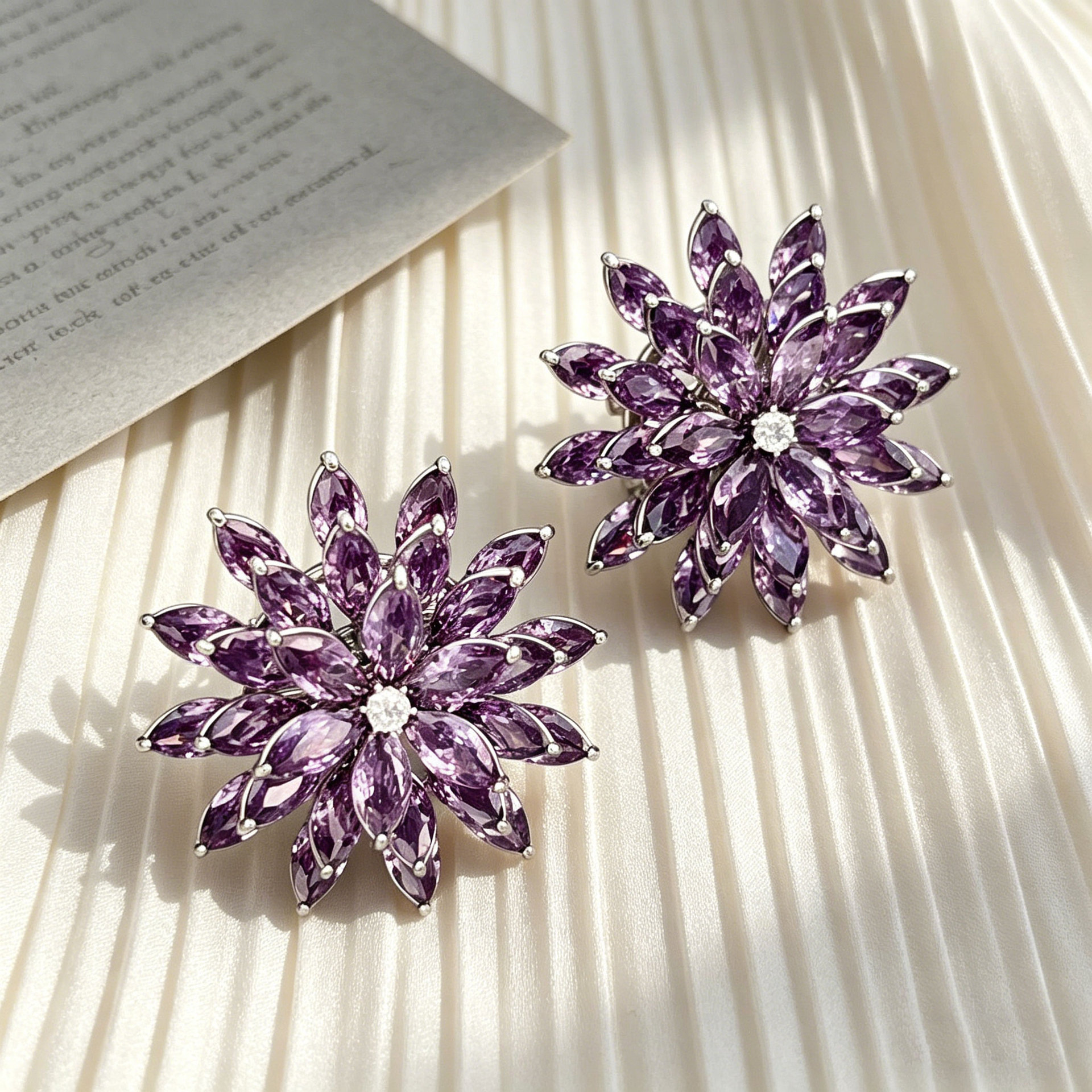 Light luxury style rotatable purple three-layer flower stud earrings, copper alloy micro-inlaid zircon s925 silver needle high-end earrings Application Scenario