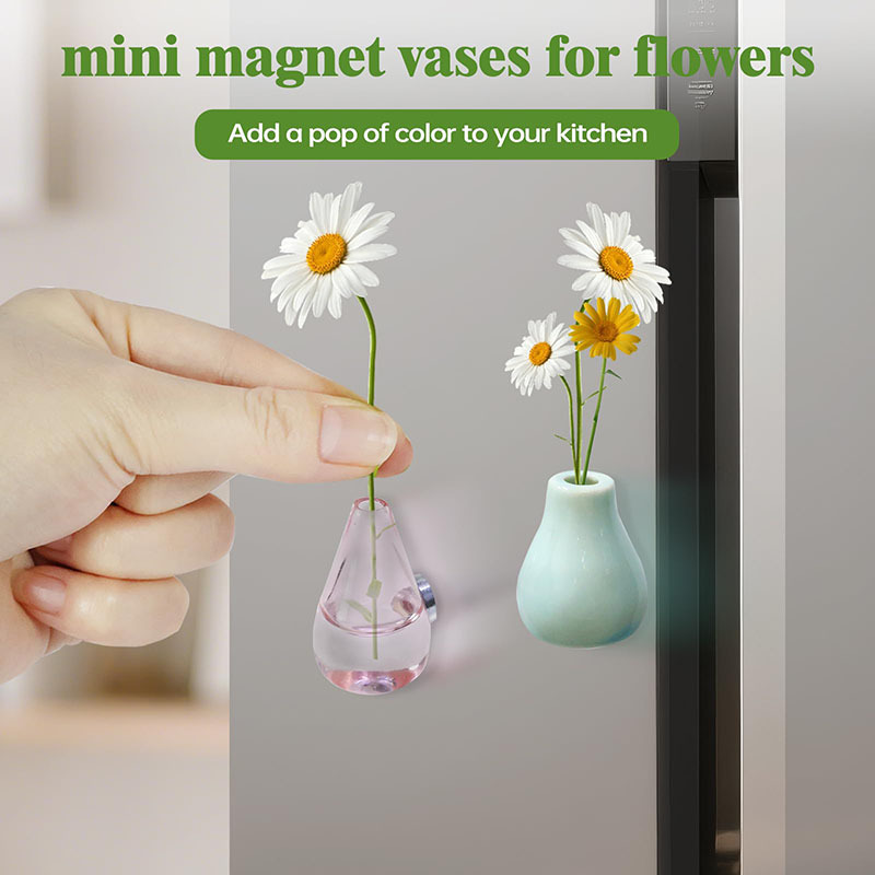 New mini ceramic vase magnet for kitchen, refrigerator, office storage cabinet decoration, cute small plant vase Application Scenario