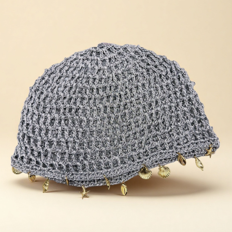 Handcrafted crochet hollowed-out shell decorated headpiece hat for women, spring and summer breathable fisherman's hat, fashionable and versatile knitted hat details Picture