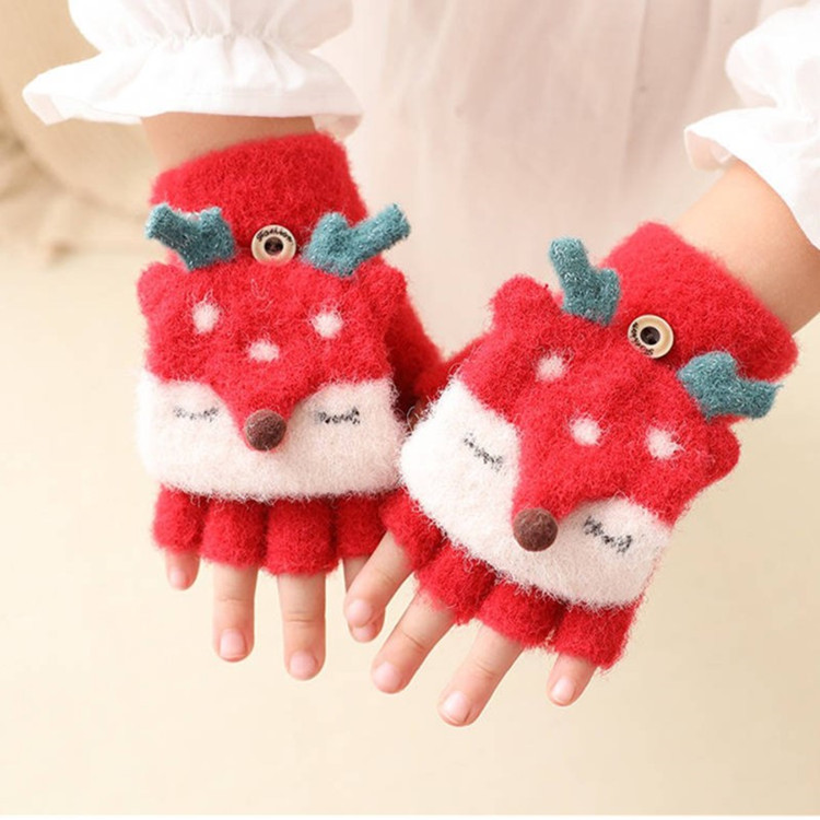 Children's flip-top gloves for boys and girls in autumn and winter, students write with half fingers exposed for warmth, cartoon winter, cute kindergarten