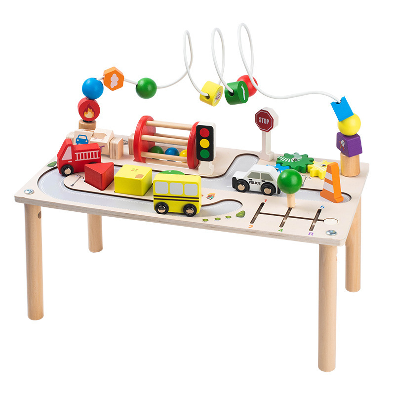 Cross-border wooden multi-functional busy table, children's educational train track beaded enlightenment toy desktop busy board Item Picture