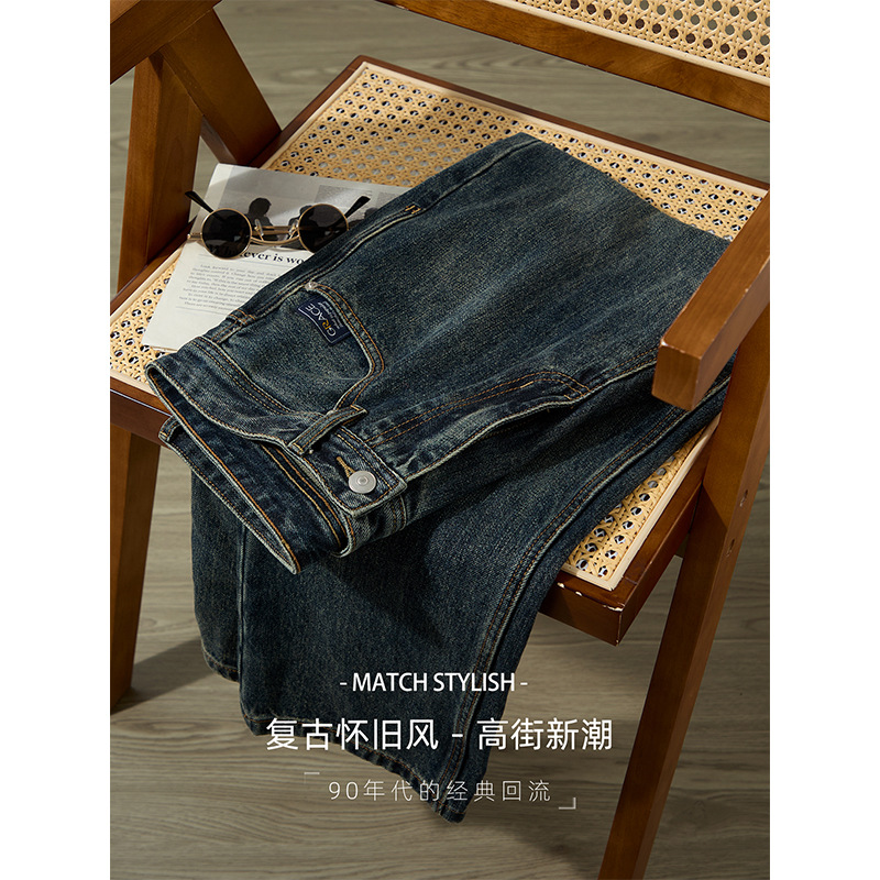 【 Retro and Nostalgic Style 】 Classic washed distressed blue jeans for men, slightly wide straight-leg trousers, comfortable and high-end details Picture
