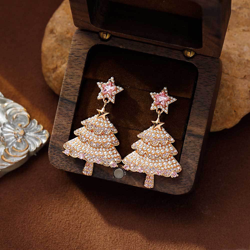 Hyacinth抖音爆款圣诞树耳环女圣诞节时尚轻奢粉色锆石高级感耳饰2025新款