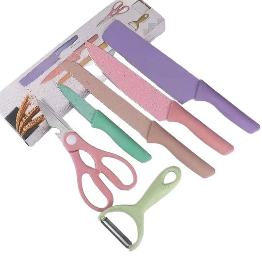 Stainless steel gift knife set, macaron knives, wheat straw six-piece knife set, colored wheat straw six-piece knife set Item Picture