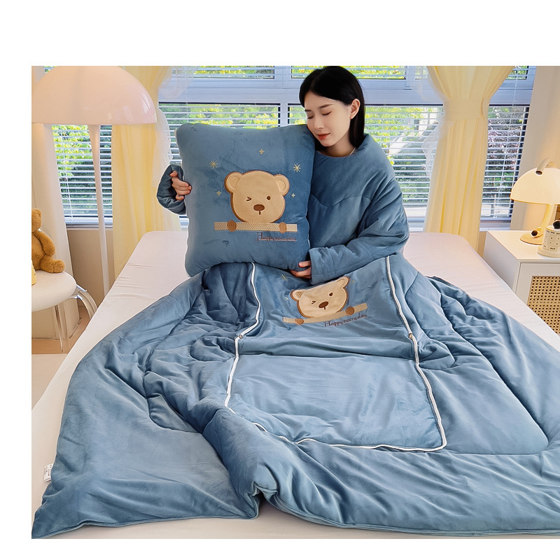 2024 New Multi-functional Lazy Person's Pillow Quilt Series - Fluffy and Silly Bear - A warm and cute winter animal in royal blue Application Scenario