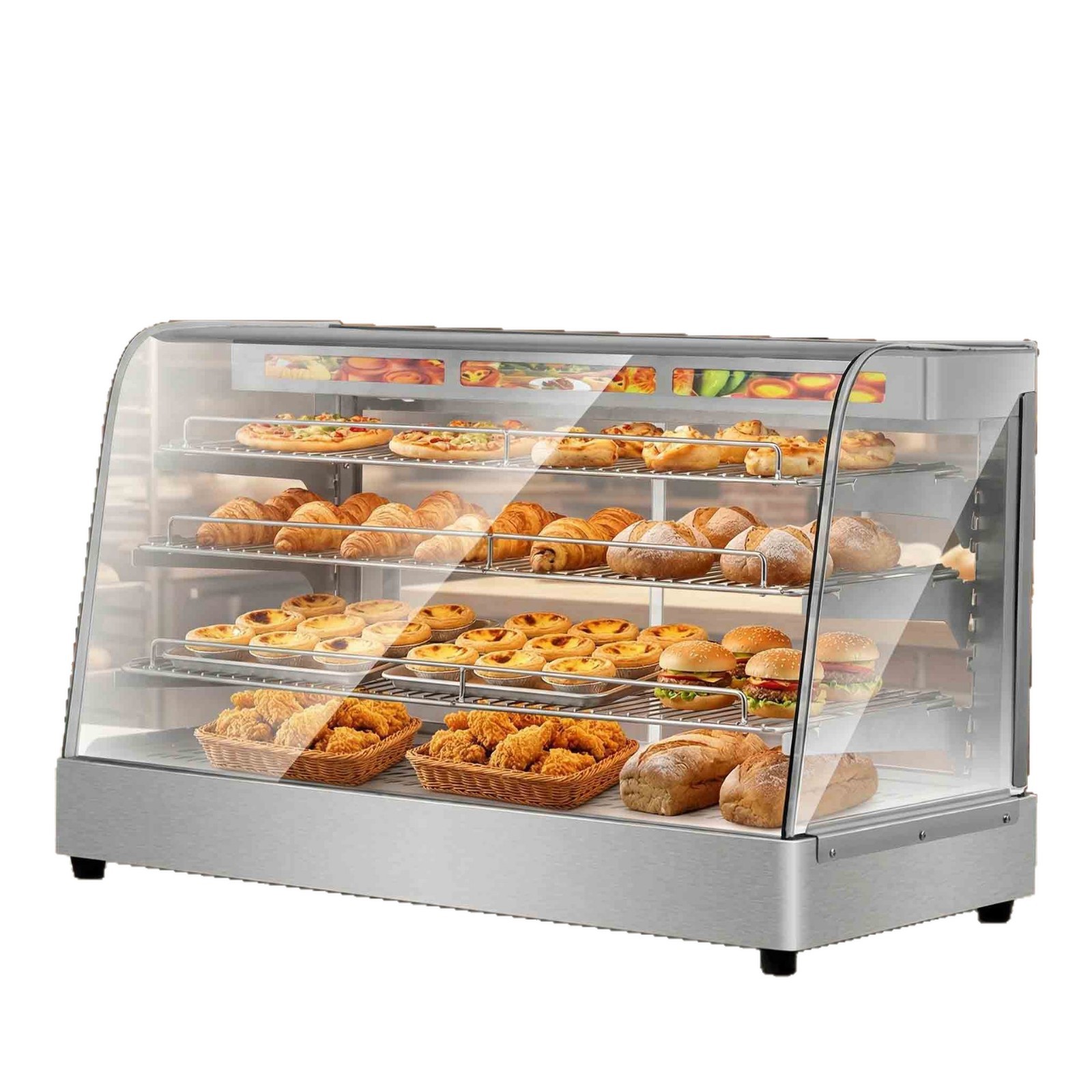 Commercial desktop four-layer insulated cabinet, stainless steel tempered glass cabinet, constant-temperature display cabinet for cooked food, hamburger and breakfast shops Item Picture